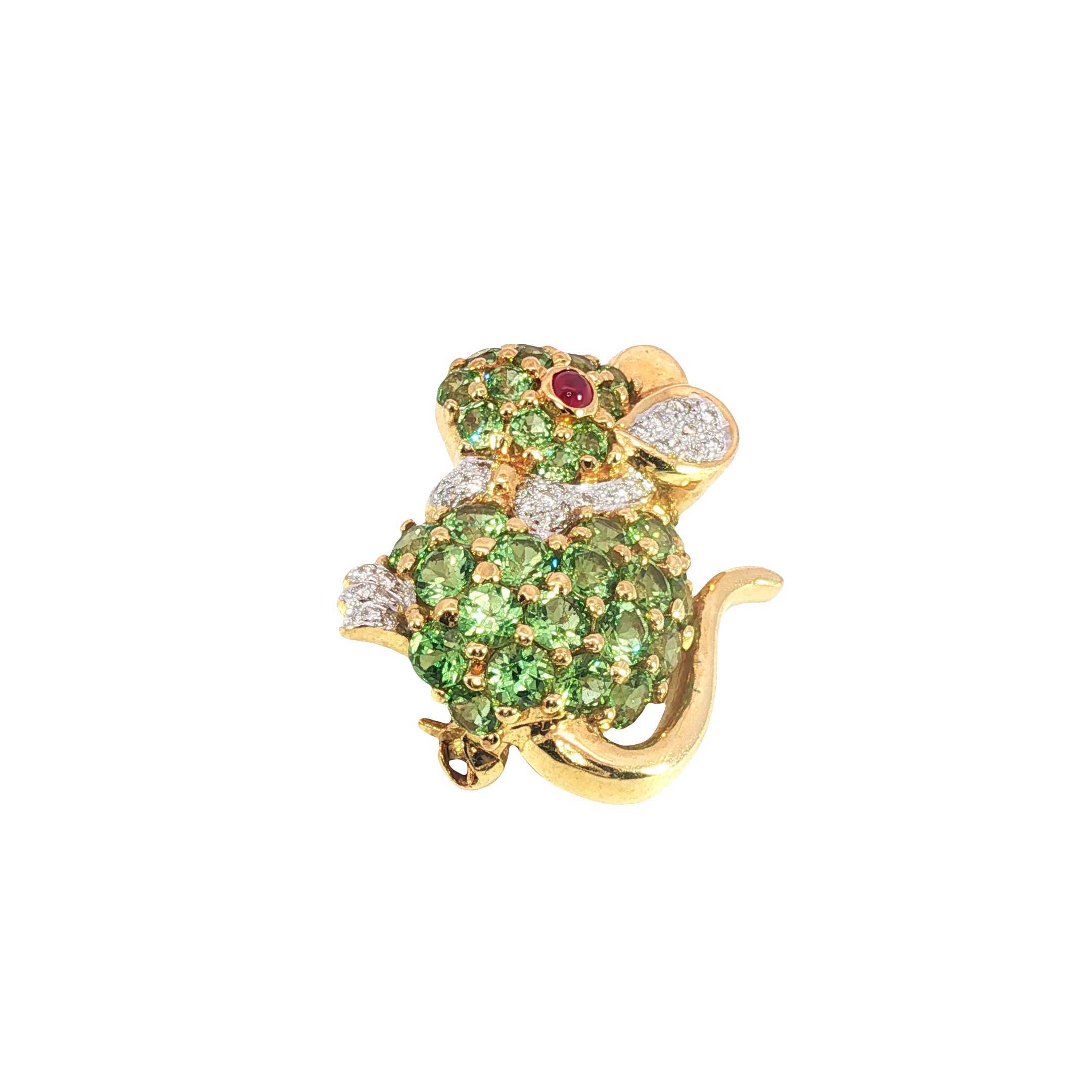Green Garnet Mouse Brooch in 18K Yellow Gold