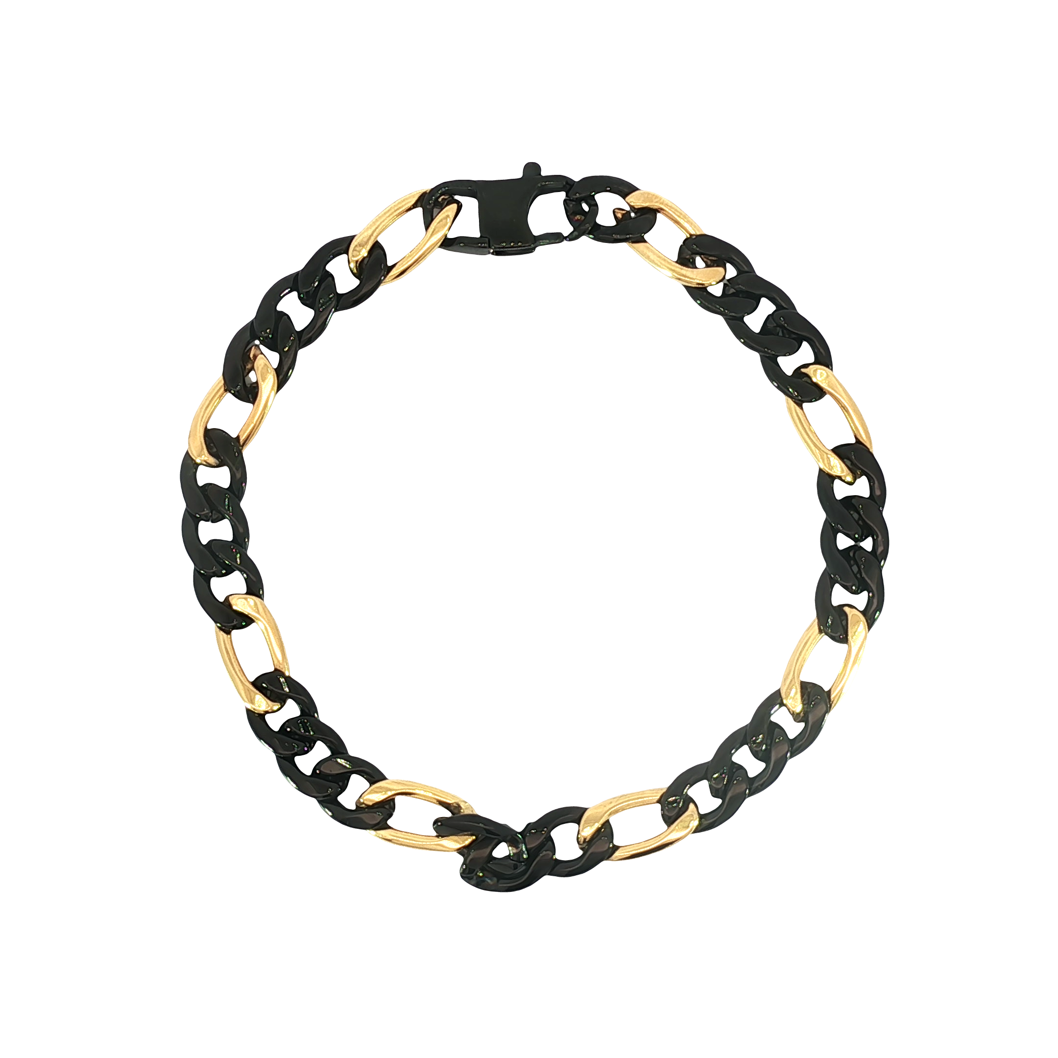 Two-Tone Figaro Chain Link Bracelet in Black and Gold Plated Stainless Steel
