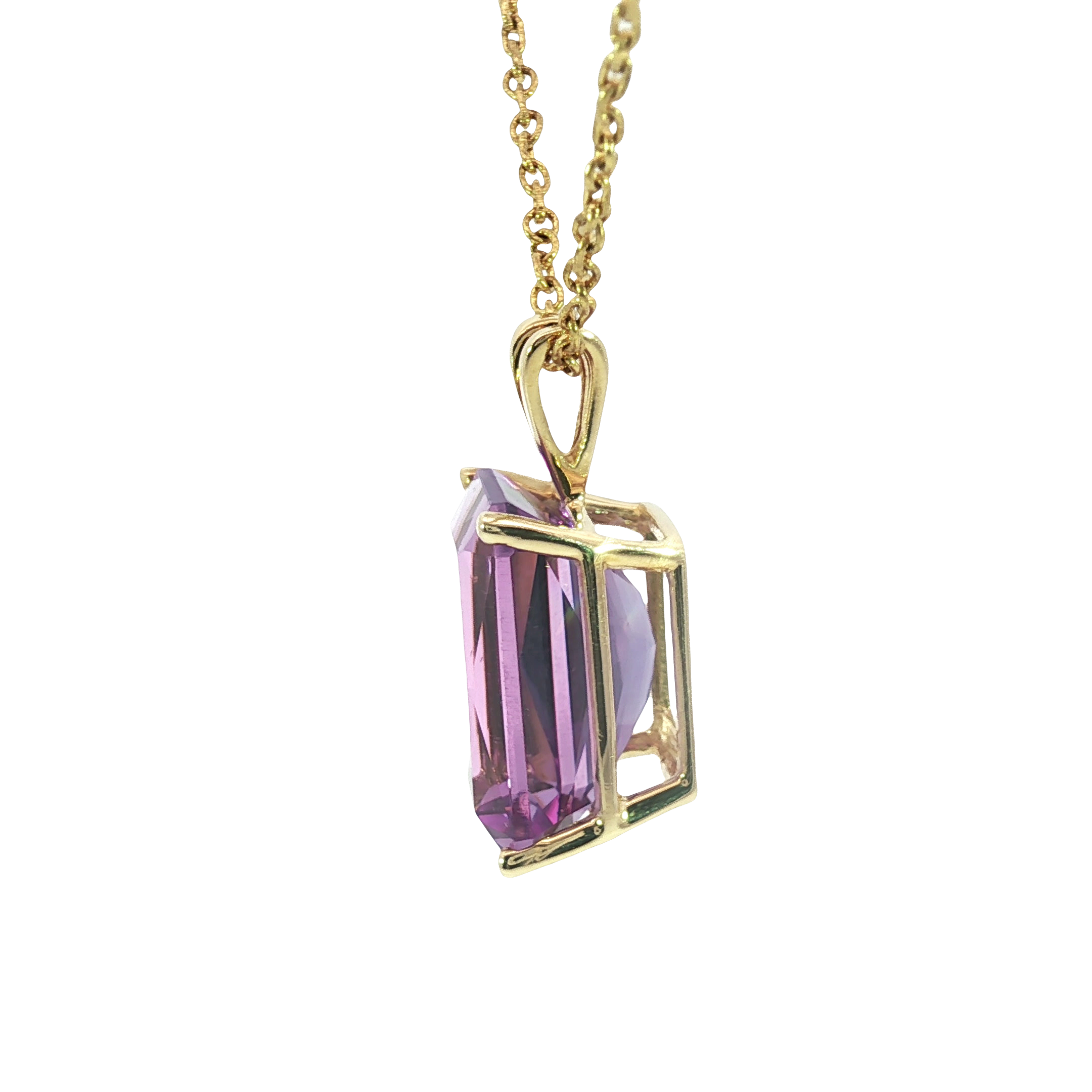 14K Yellow Gold Charm Necklace with Emerald Cut Amethyst Pendant