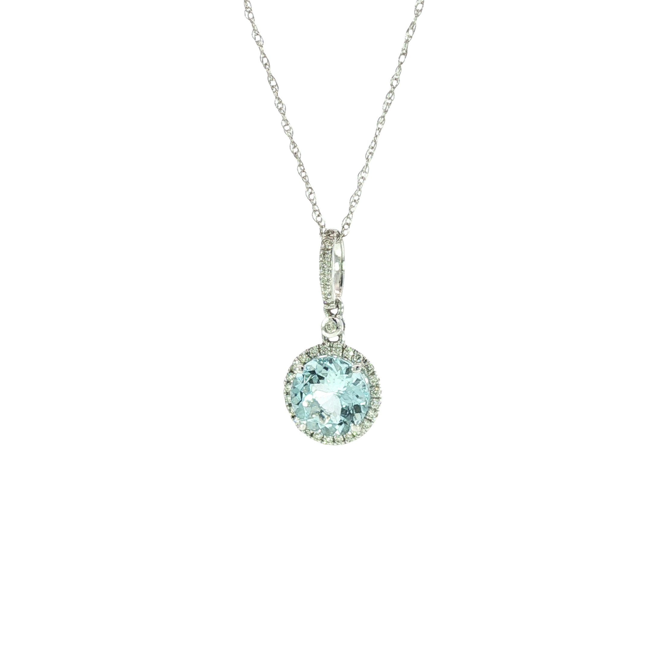 14K White Gold Aquamarine & Diamond Halo Pendant