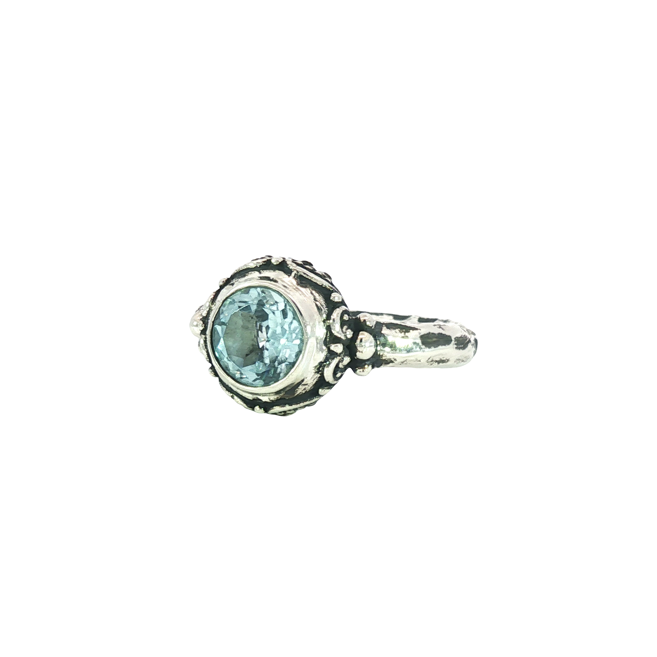 Sterling Silver Round Aquamarine Hammered Stackable Ring