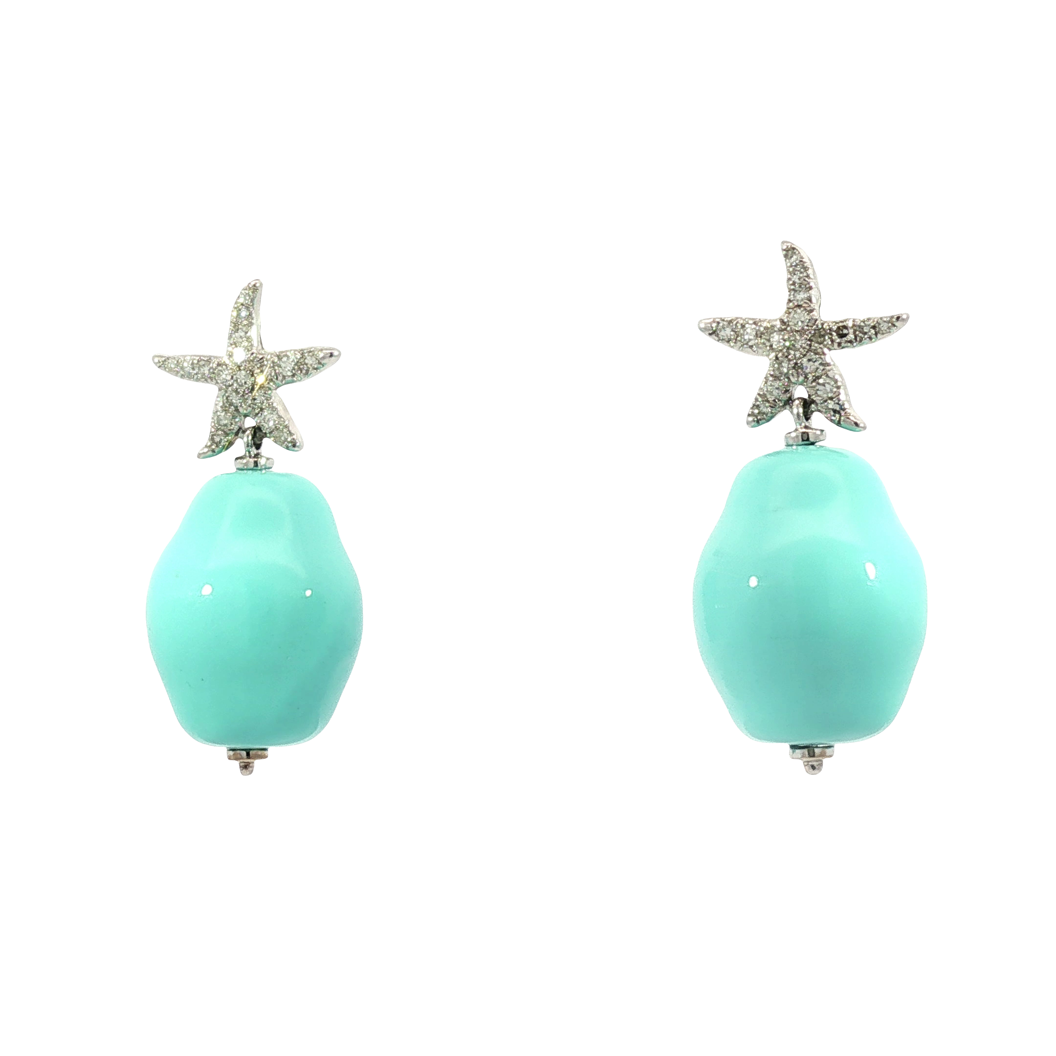 14K White Gold Starfish Diamond Dangle Turquoise Earrings