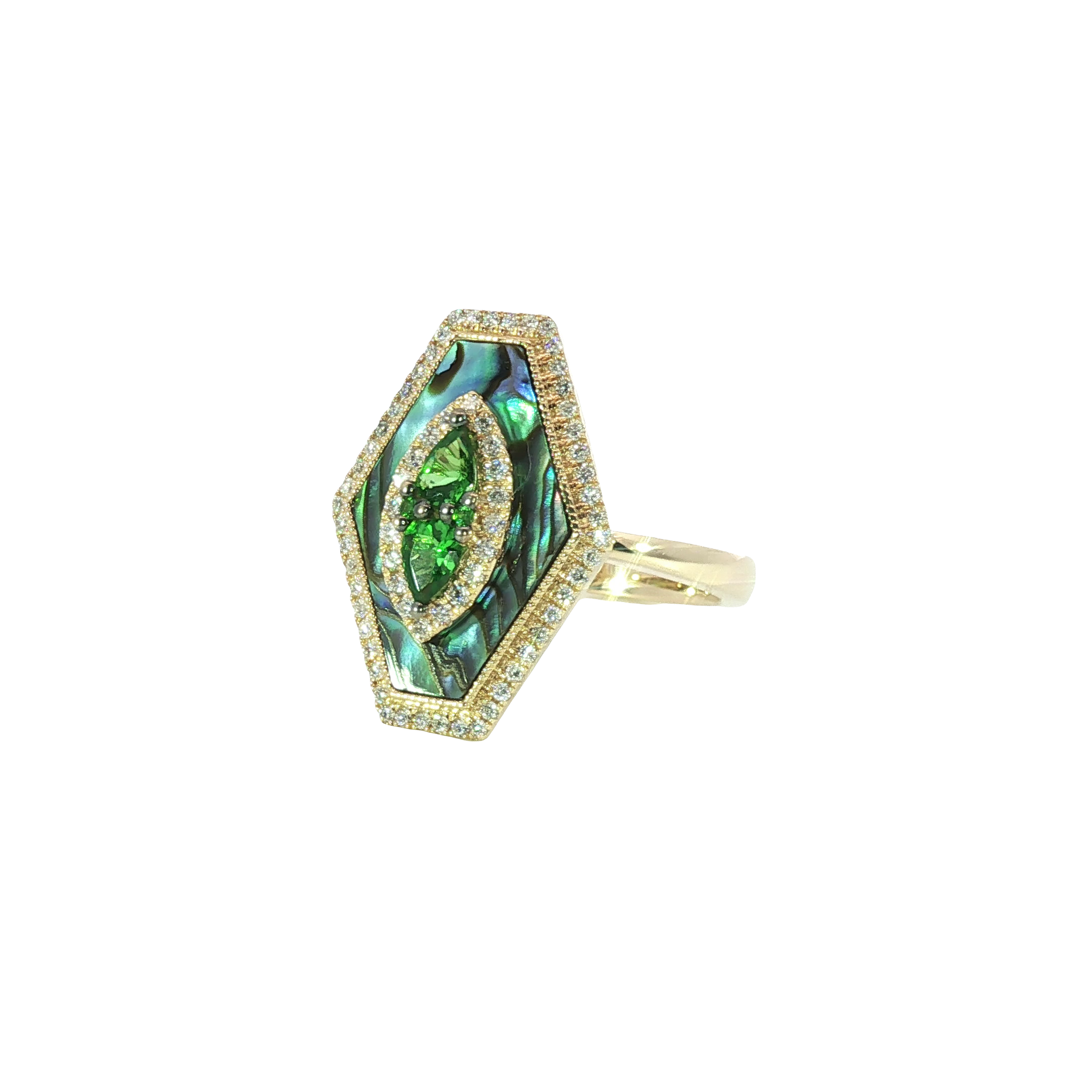 14K Yellow Gold Green Garnet Diamond Abalone Inlay Statement Ring