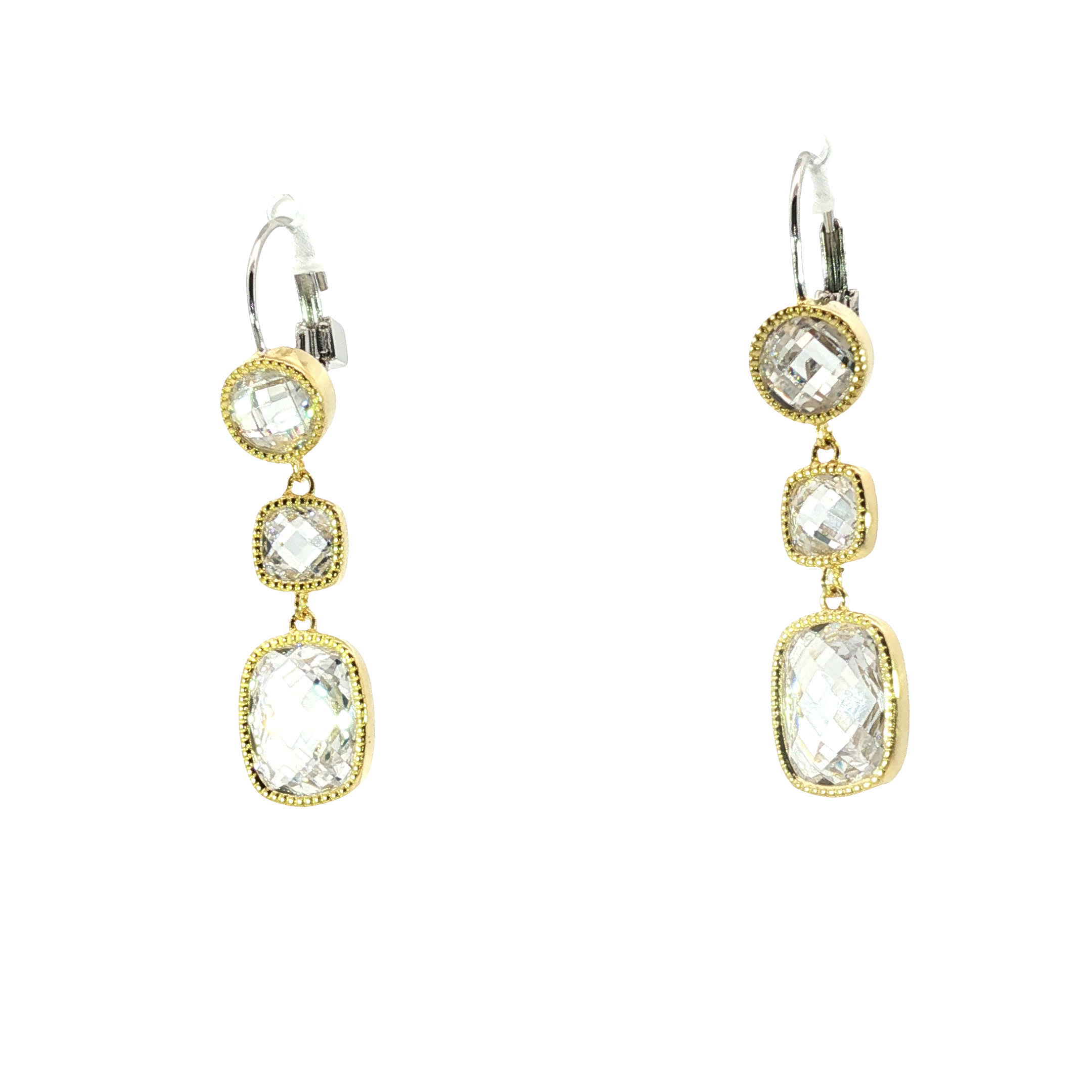 Sterling Silver Gold Plated Dangle Earrings with Cushion & Square Cut Gems
