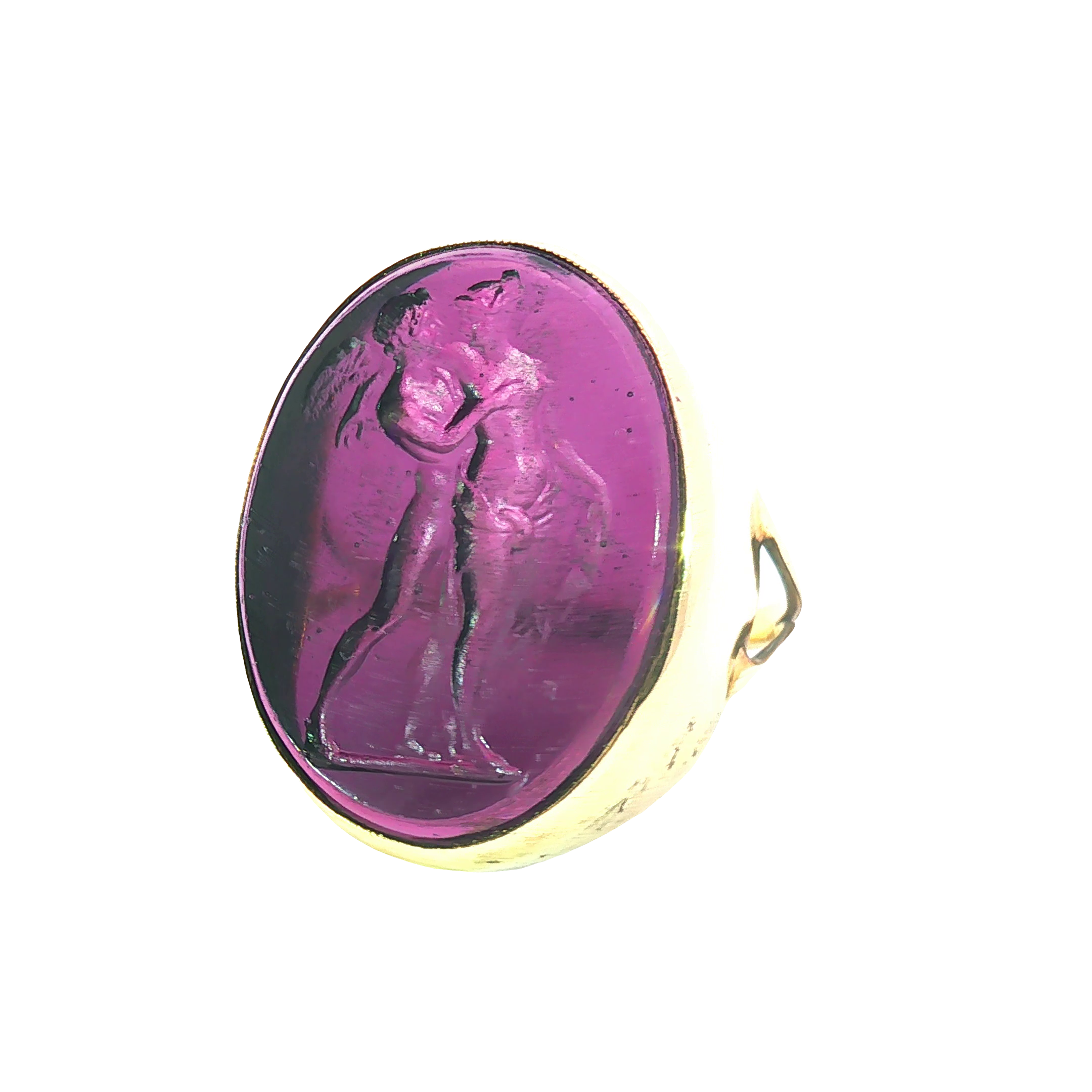 14K Yellow Gold Signet Ring with Purple Engraved Resin