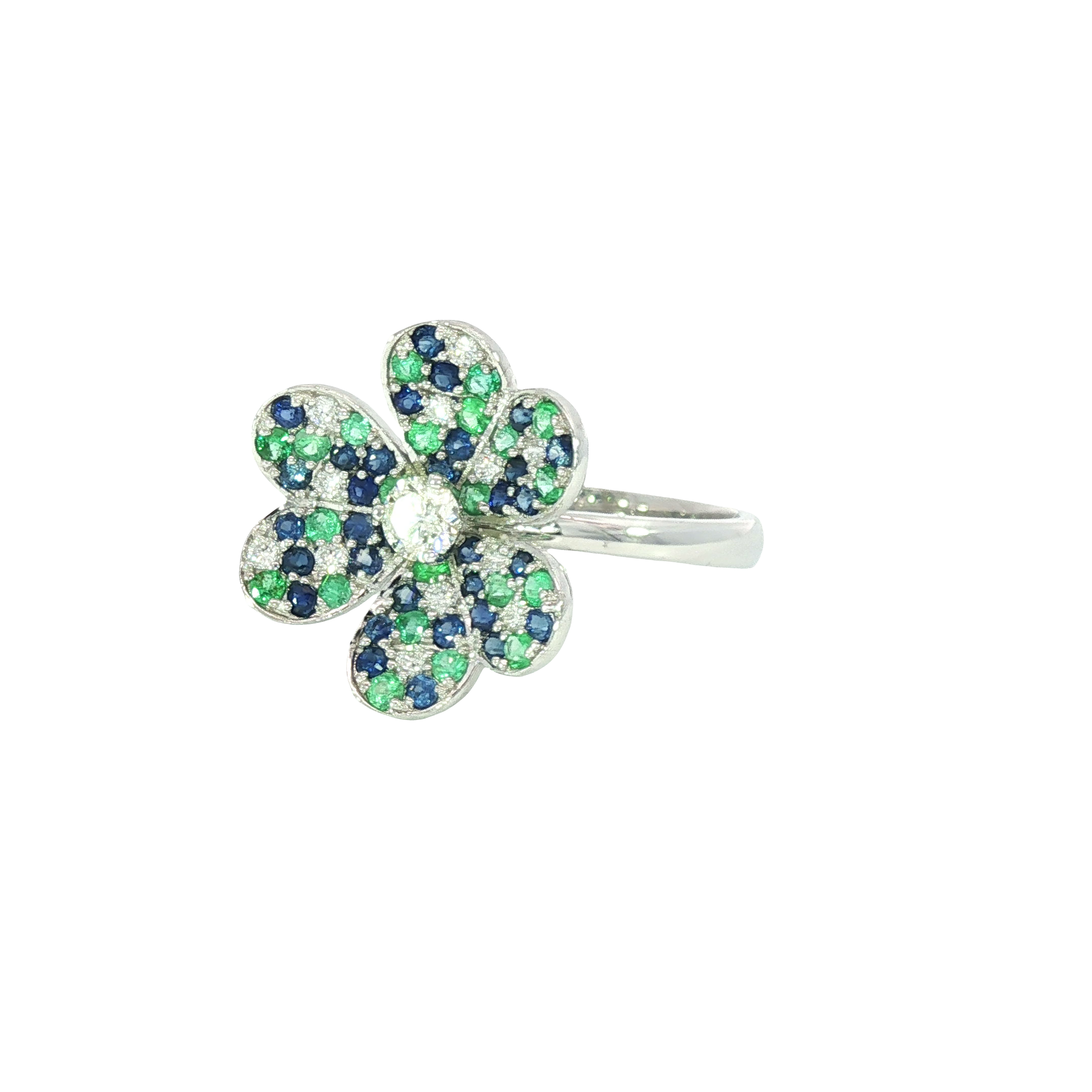 14K White Gold Diamond, Sapphire & Emerald Flower Ring