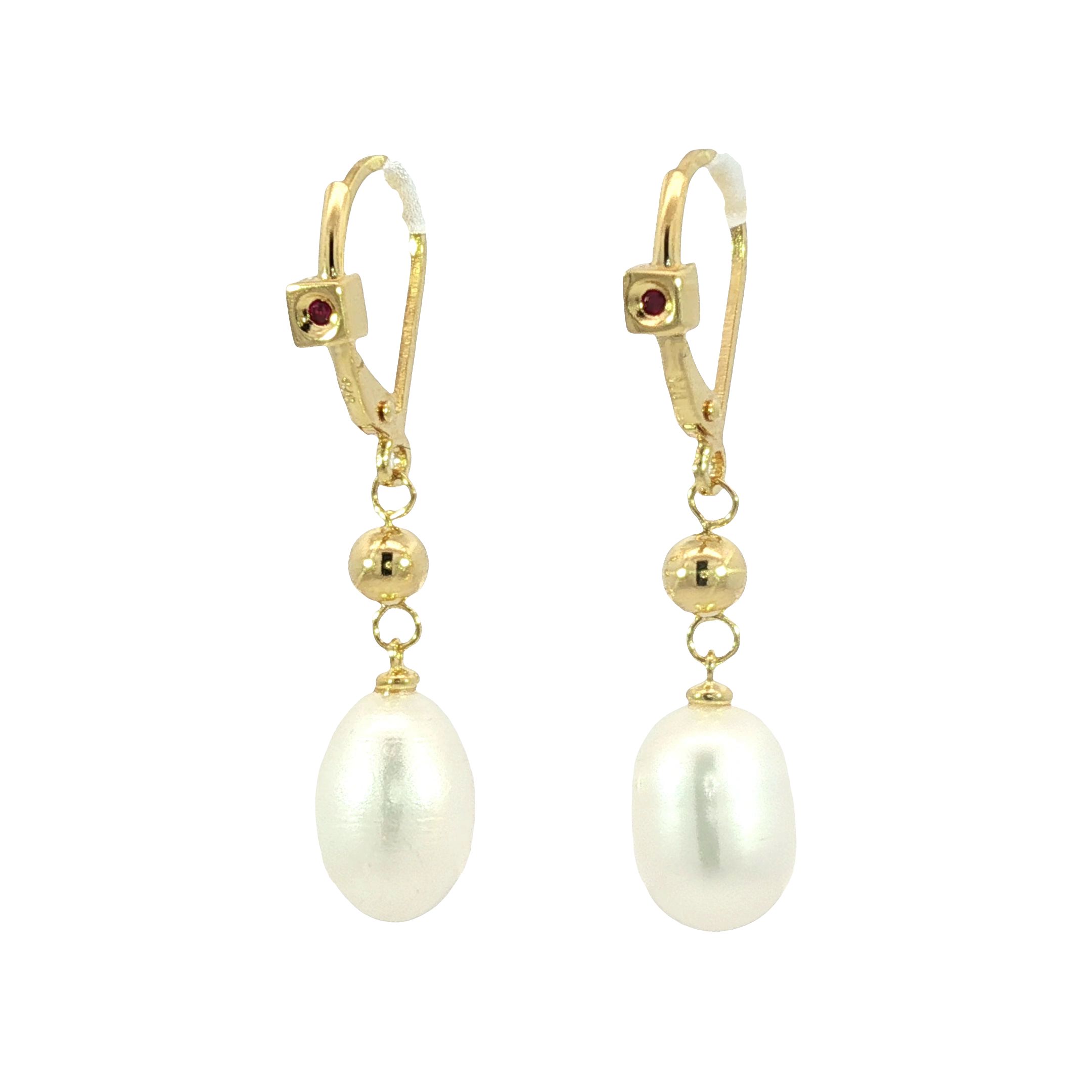 Yellow Gold Plated Pearl & Red Stone Drop Earrings