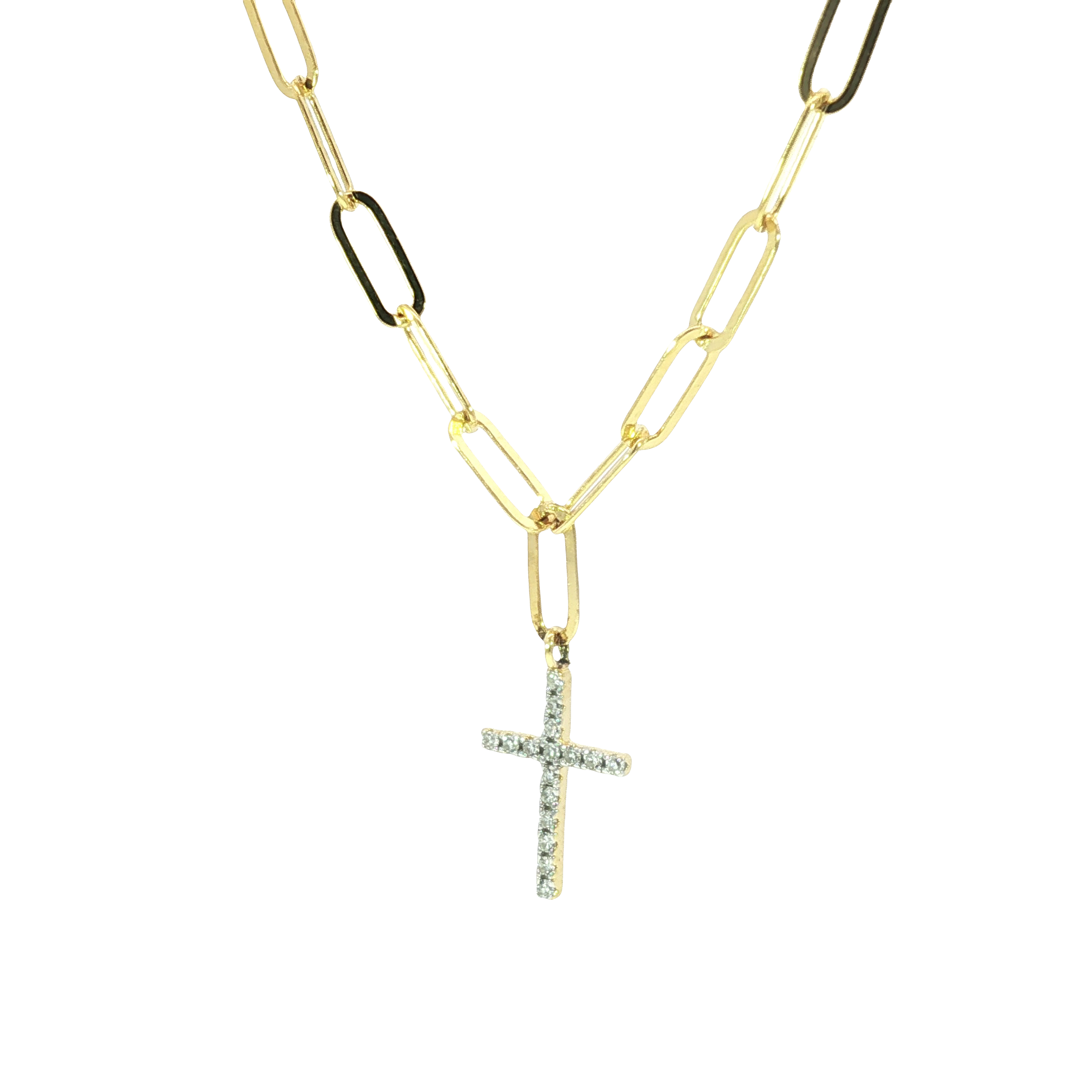 14K Yellow Gold Plated Charm Necklace with Diamond Cross Pendant