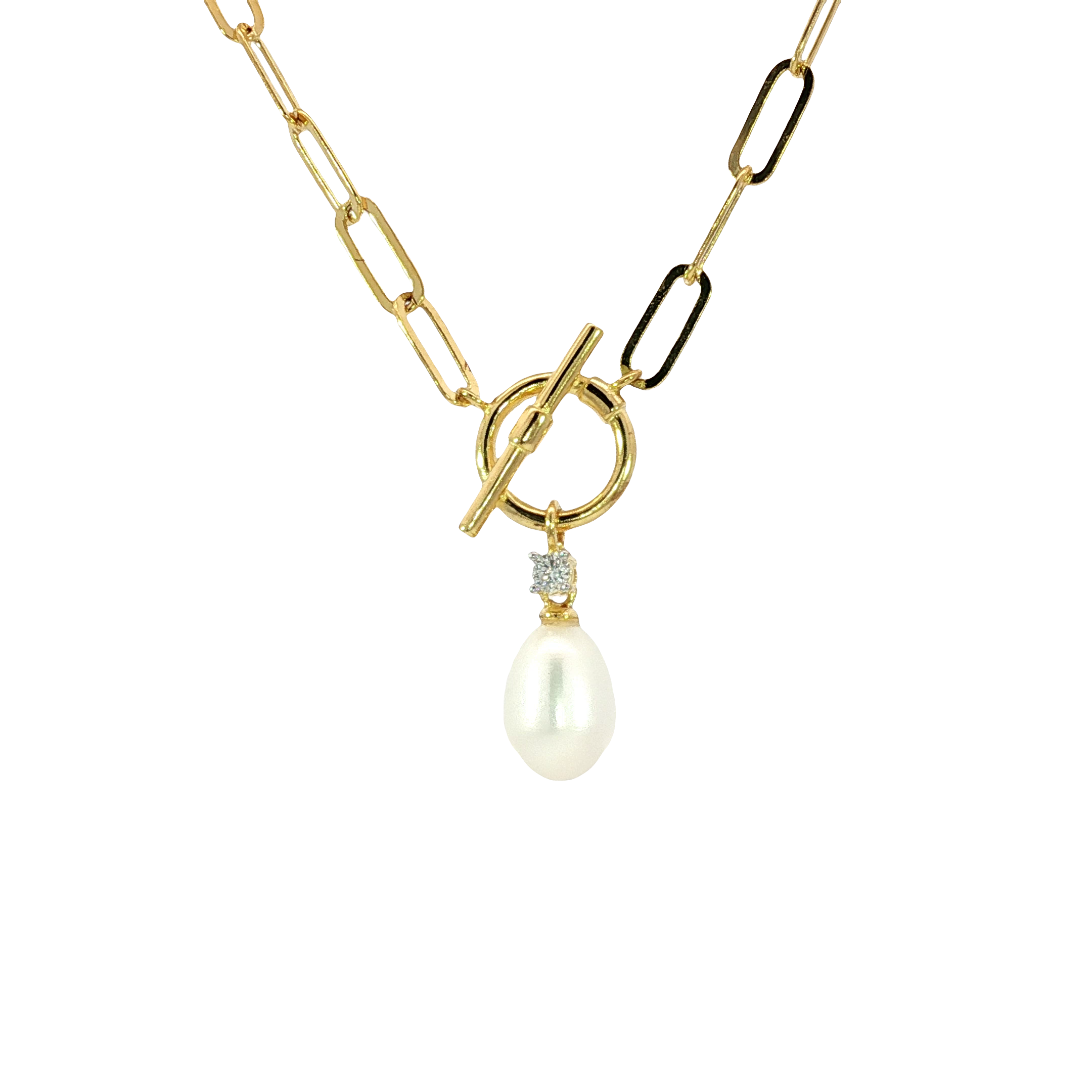 Pear-Shaped Pearl & Lab Diamond Drop 14K Yellow Gold Plated Necklace