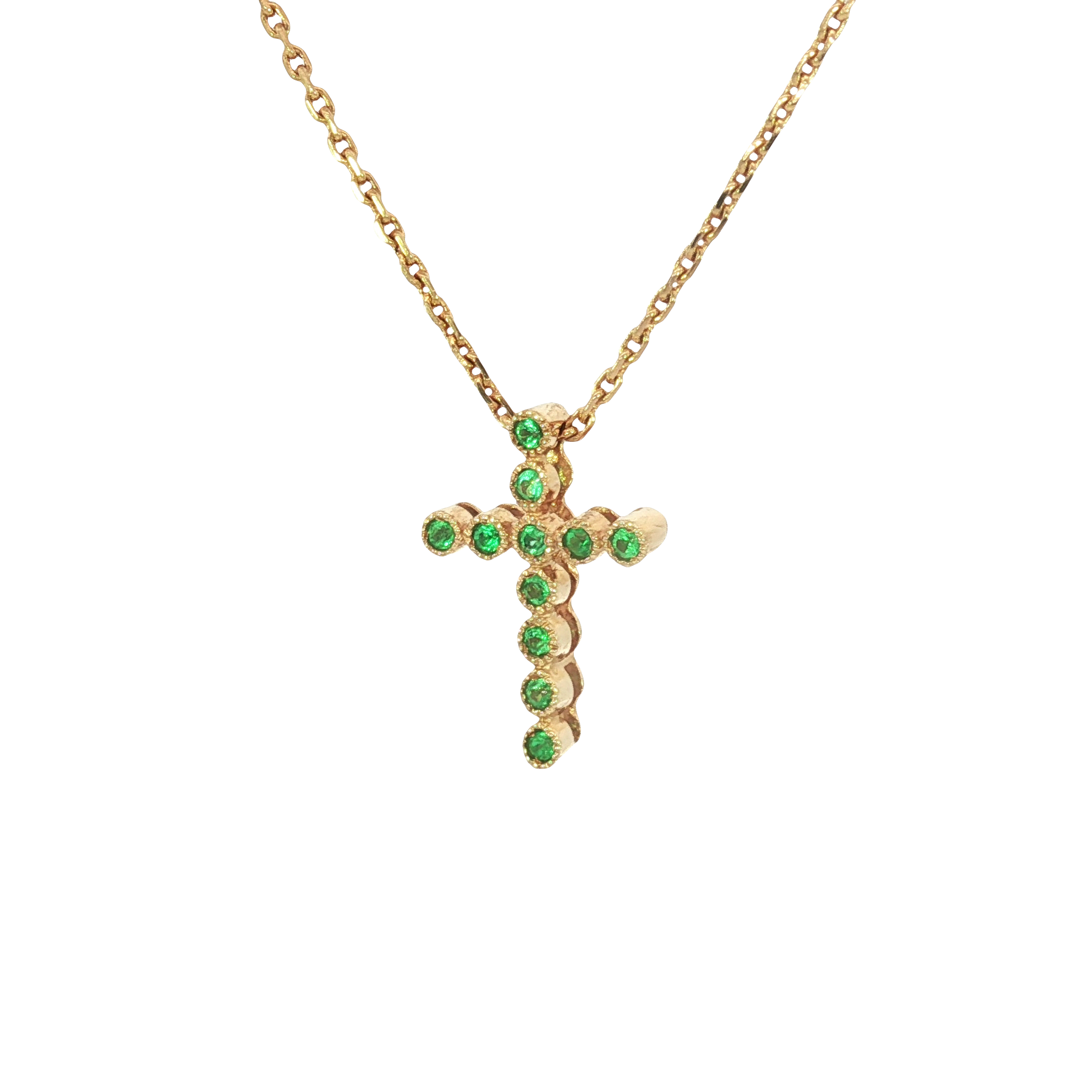 Round Brilliant Green Emerald Bezel Cross Necklace in 18K Yellow Gold