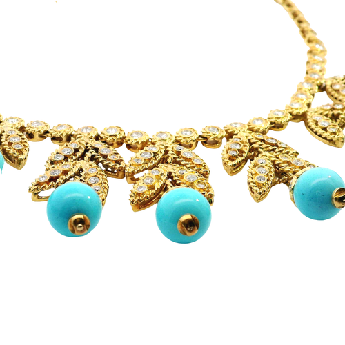 Natural Turquoise & Diamond Statement Necklace in 18K Yellow Gold