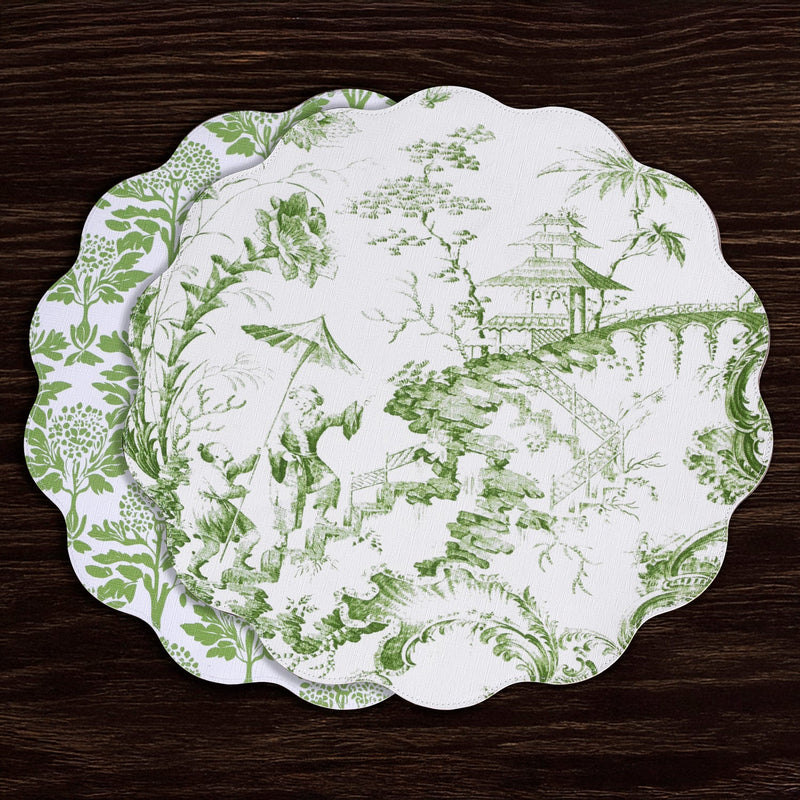 VIDA Chinoiserie Reversible  Round Placemats Set of 4 Green & White