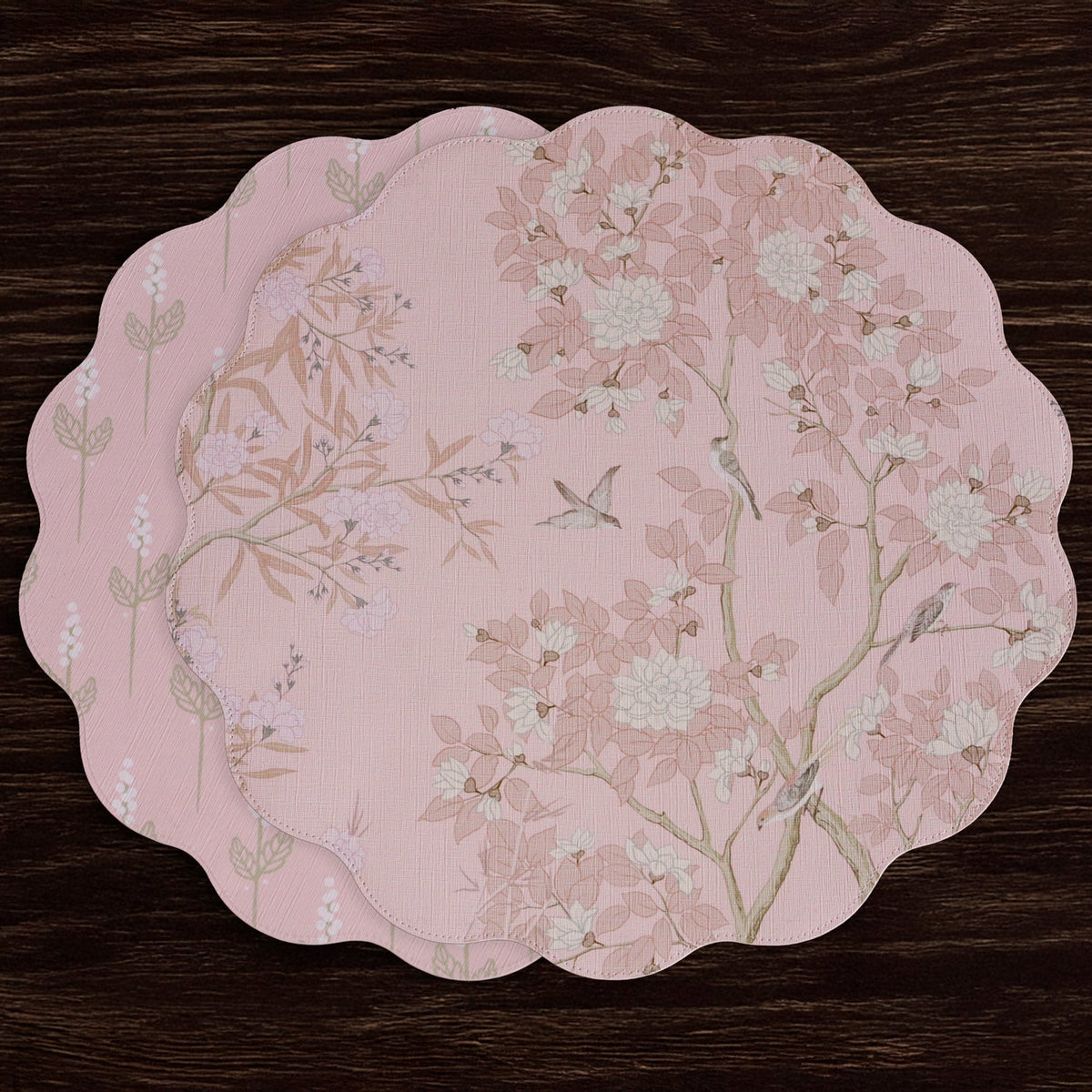 VIDA Chinoiserie Reversible  Round Placemats Set of 4 Pink & White