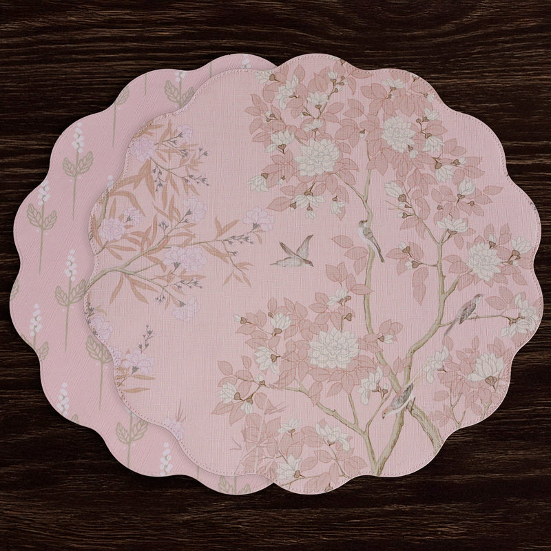 VIDA Chinoiserie Reversible  Round Placemats Set of 4 Pink & White