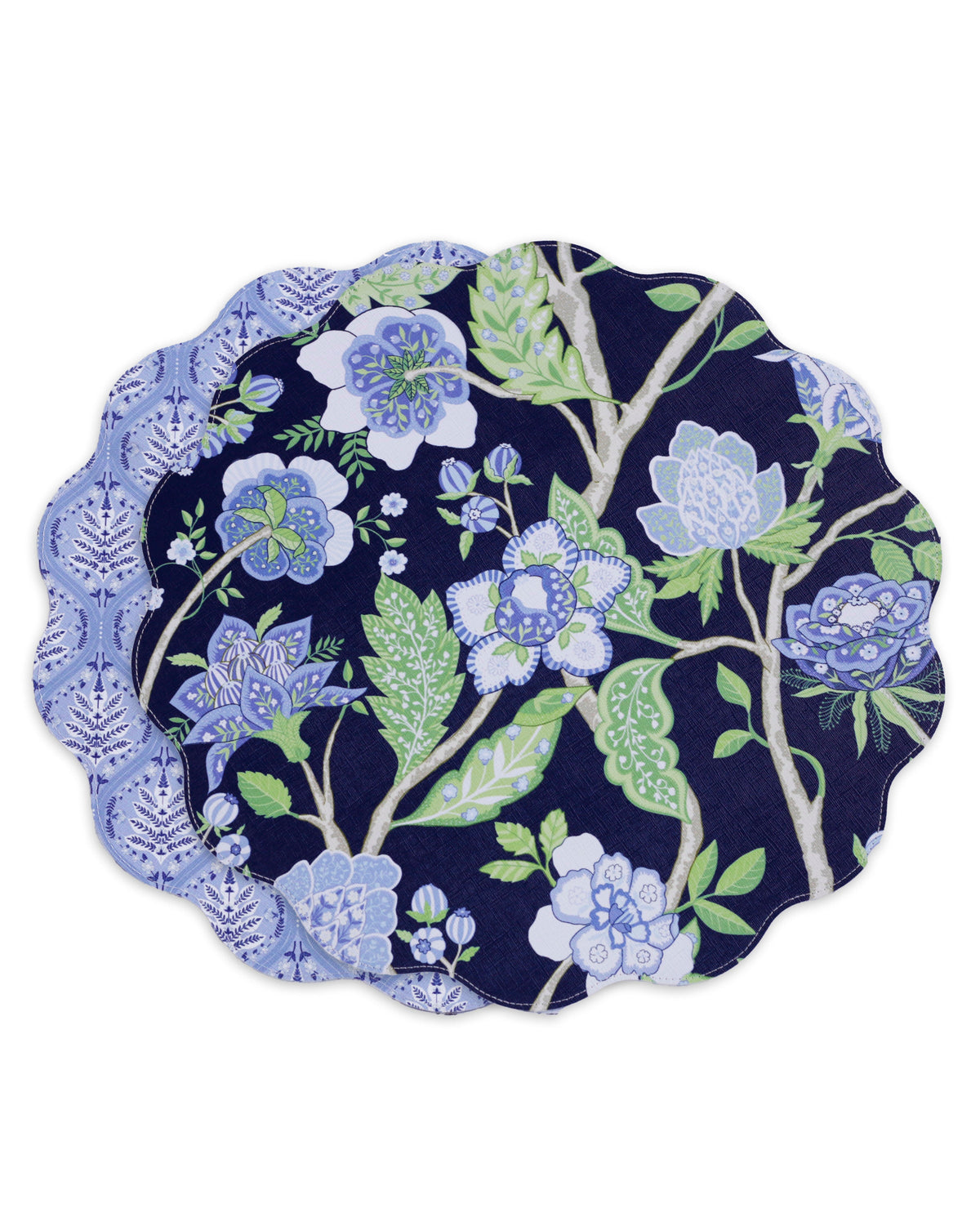 VIDA Blooms & Branches Reversible  Round Placemats Set of 4 Navy & Green