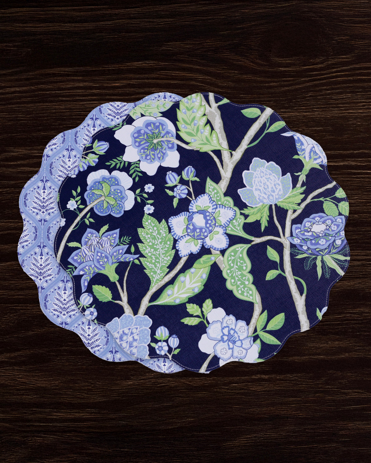 VIDA Blooms & Branches Reversible  Round Placemats Set of 4 Navy & Green