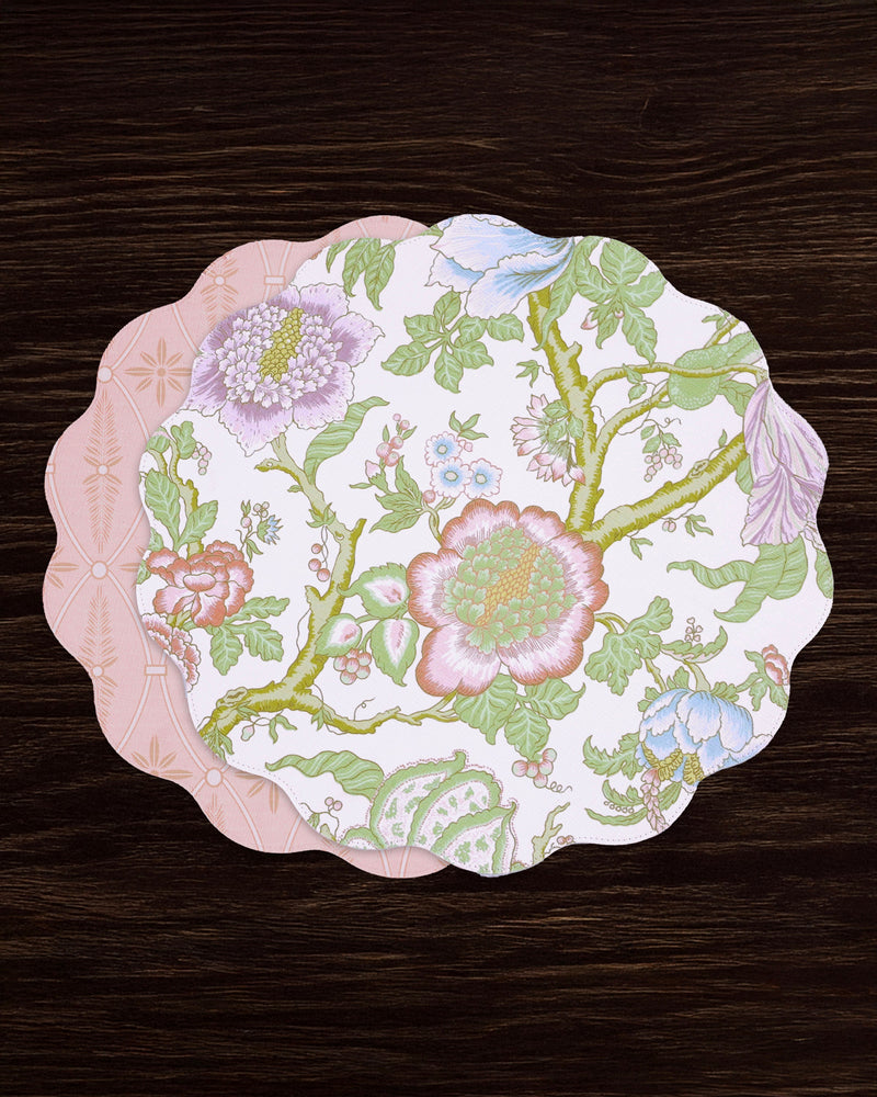 VIDA Blooms  & Branches Reversible  Round Placemats Set of 4 Pastel Pink & Blue