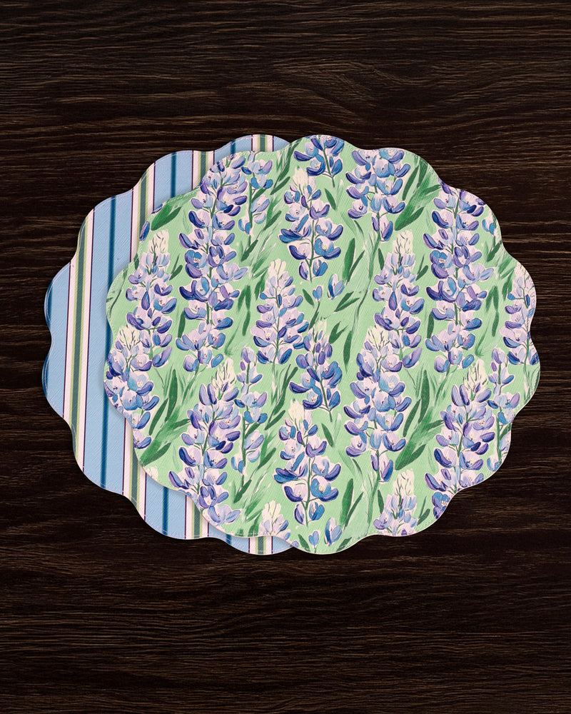 VIDA Bluebonnet & Stripes Reversible  Round Placemats Set of 4 Blue & Green
