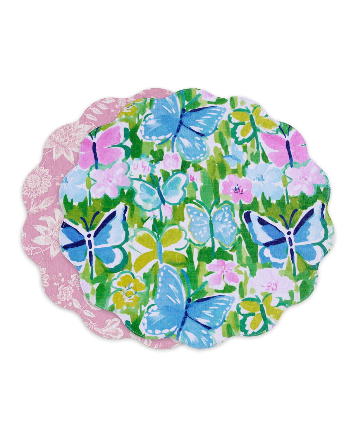 VIDA Butterfly Garden & Flowers Reversible  Round Placemats Set of 4 Pastel