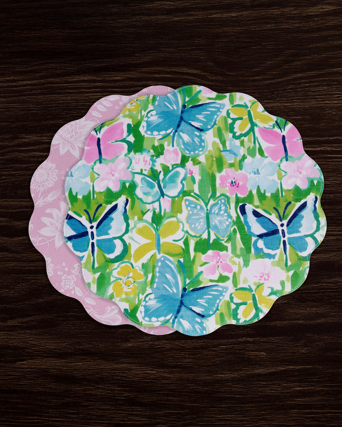 VIDA Butterfly Garden & Flowers Reversible  Round Placemats Set of 4 Pastel