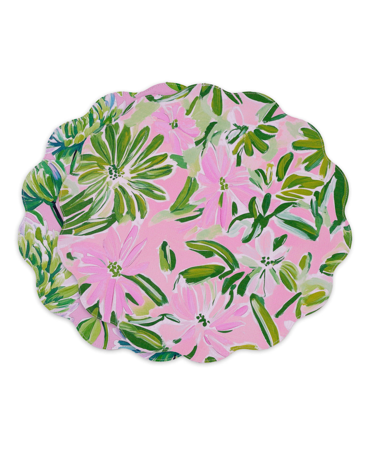 VIDA Hydrangeas & Daisies Reversible  Round Placemats Set of 4 Pink & Green
