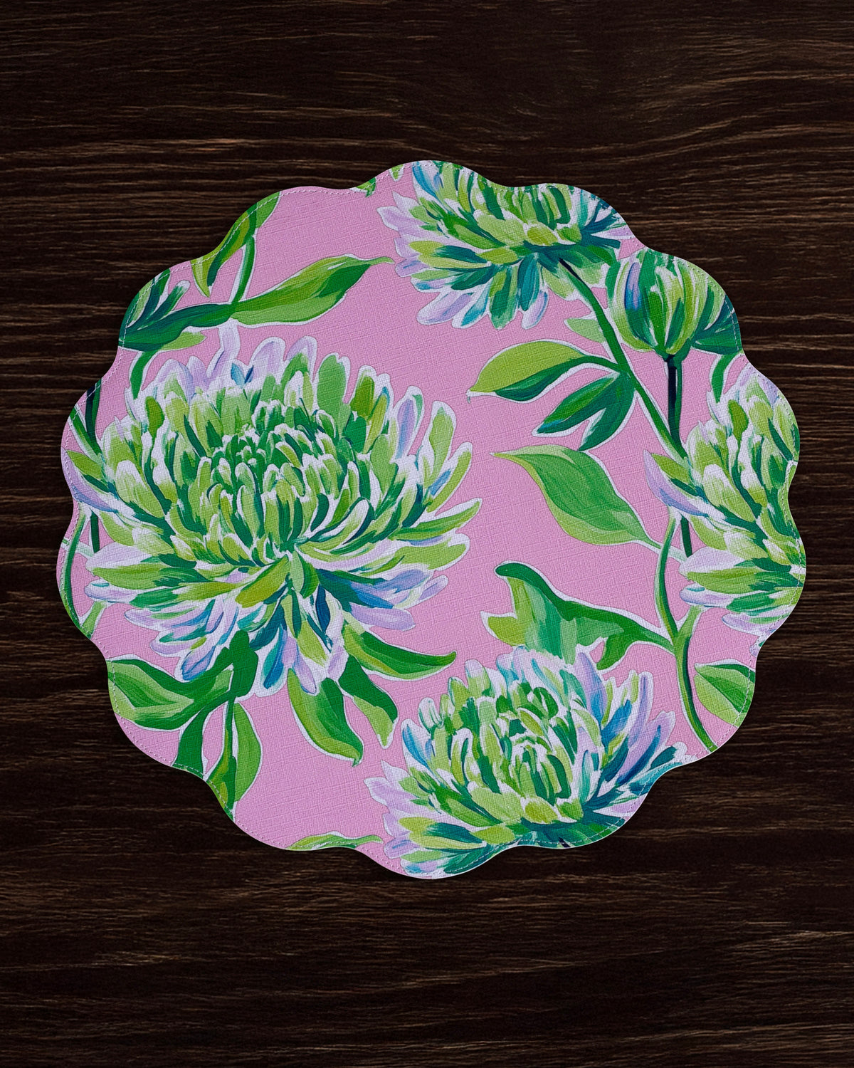 VIDA Hydrangeas & Daisies Reversible  Round Placemats Set of 4 Pink & Green
