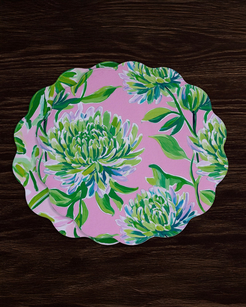VIDA Hydrangeas & Daisies Reversible  Round Placemats Set of 4 Pink & Green