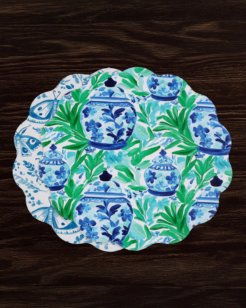 VIDA Ginger Jar & Butterflies Reversible  Round Placemats Set of 4 Blue & Green