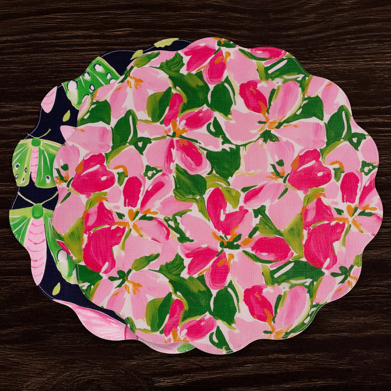 VIDA Butterflies & Flowers Reversible  Round Placemats Set of 4 (Pink & Green)