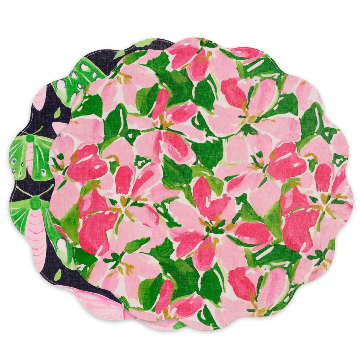 VIDA Butterflies & Flowers Reversible  Round Placemats Set of 4 (Pink & Green)