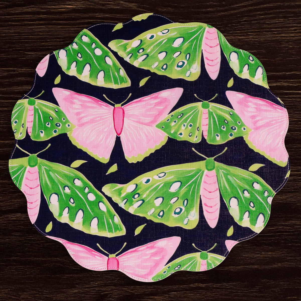 VIDA Butterflies & Flowers Reversible  Round Placemats Set of 4 (Pink & Green)