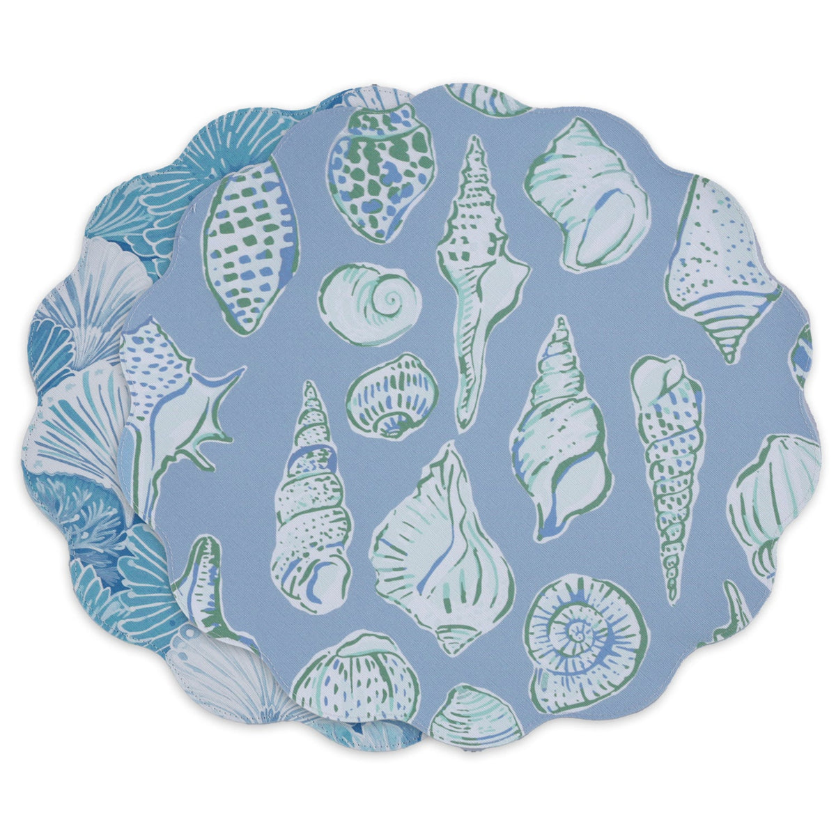 VIDA Shells & Scallops Reversible  Round Placemats Set of 4 (Blue & White)