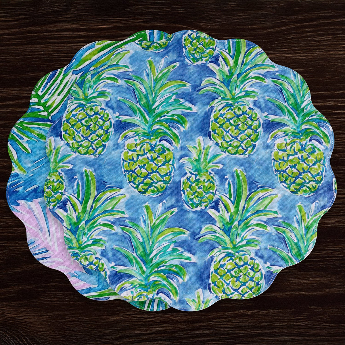 VIDA Pineapples & Palms Reversible  Round Placemats Set of 4 (Blue & Green)