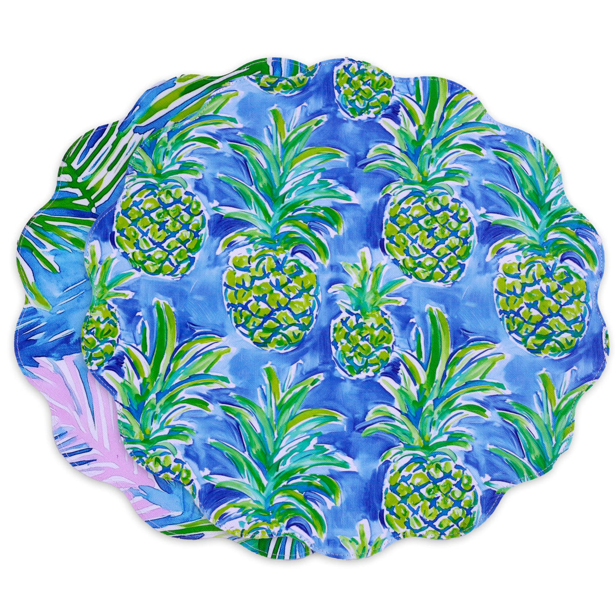 VIDA Pineapples & Palms Reversible  Round Placemats Set of 4 (Blue & Green)