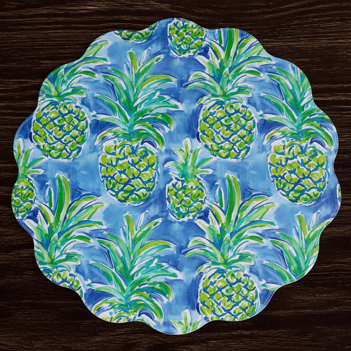 VIDA Pineapples & Palms Reversible  Round Placemats Set of 4 (Blue & Green)