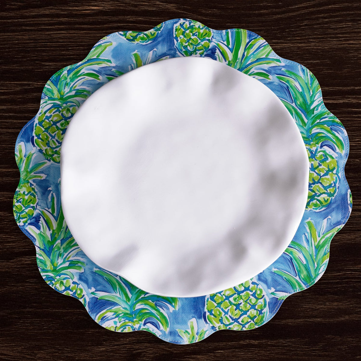 VIDA Pineapples & Palms Reversible  Round Placemats Set of 4 (Blue & Green)