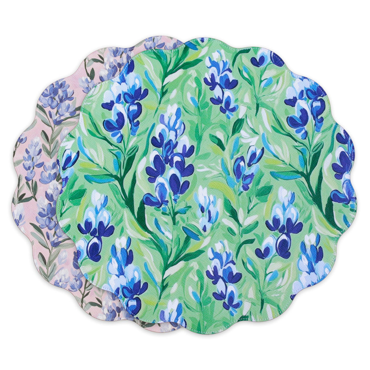 VIDA Bluebells & Flowers Reversible  Round Placemats Set of 4 (Pink & Green)
