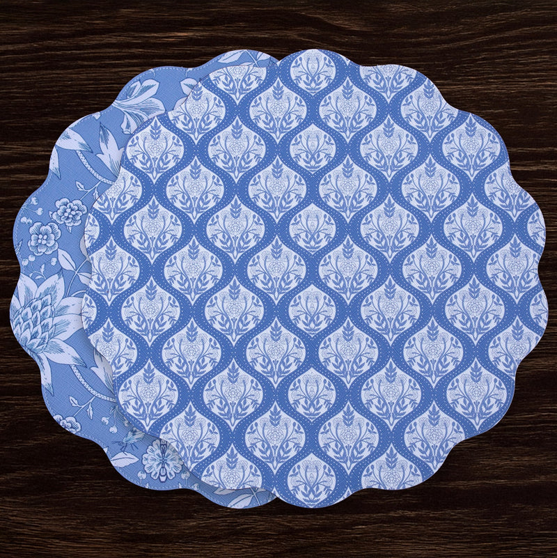 VIDA Flowers & Pattern Reversible  Round Placemats Set of 4 (Blue & White)