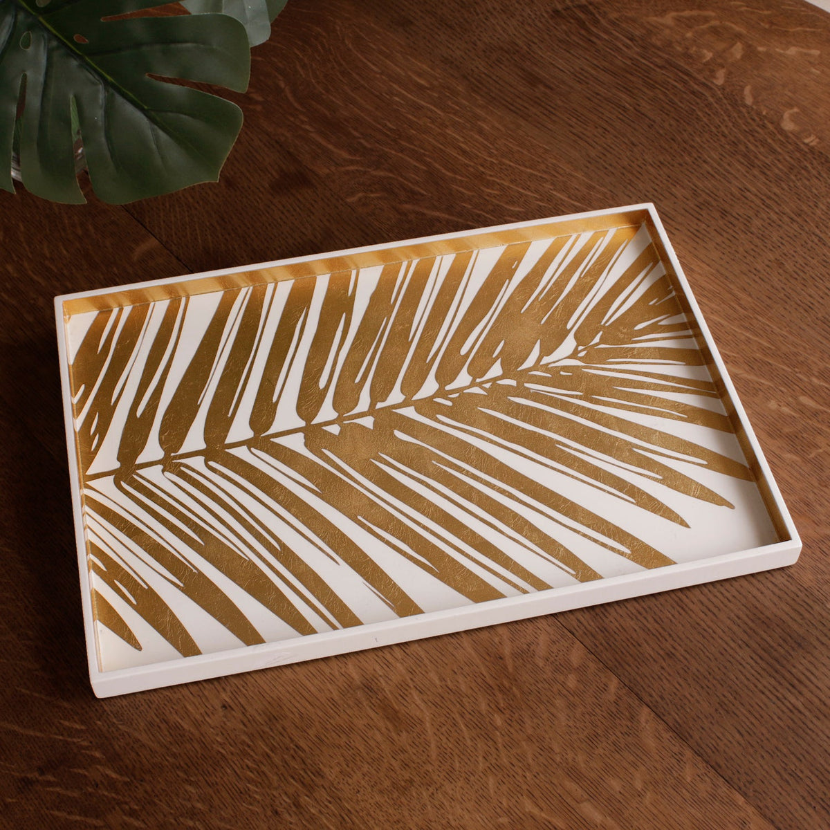 INDOCHINE Large  Lacquered Palm Tray White and Gold