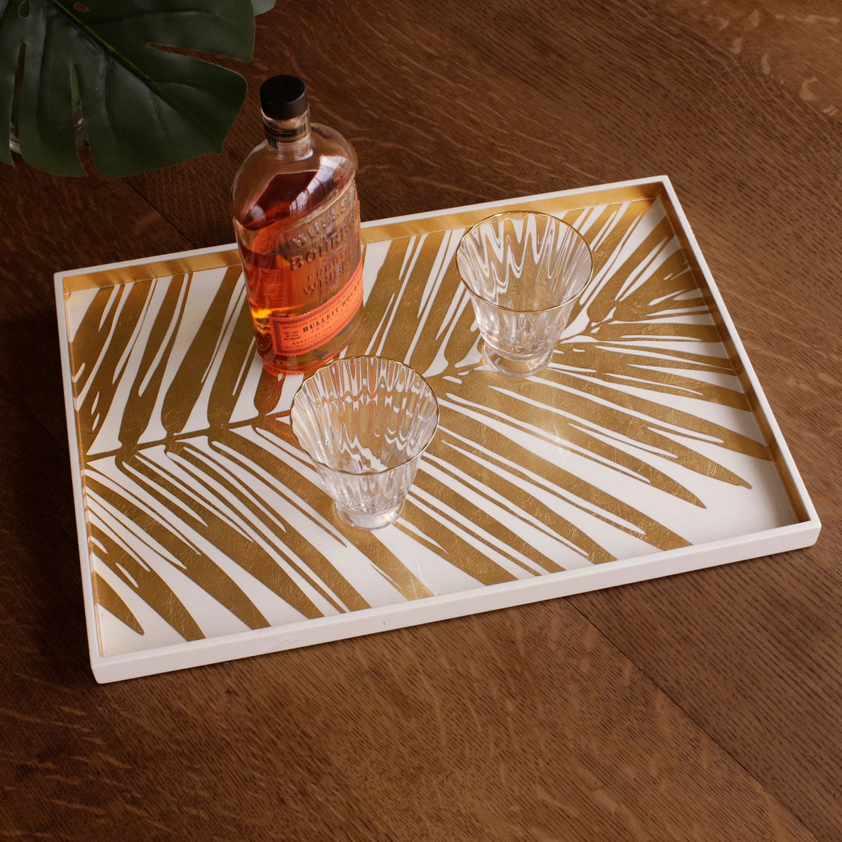 INDOCHINE Large  Lacquered Palm Tray White and Gold
