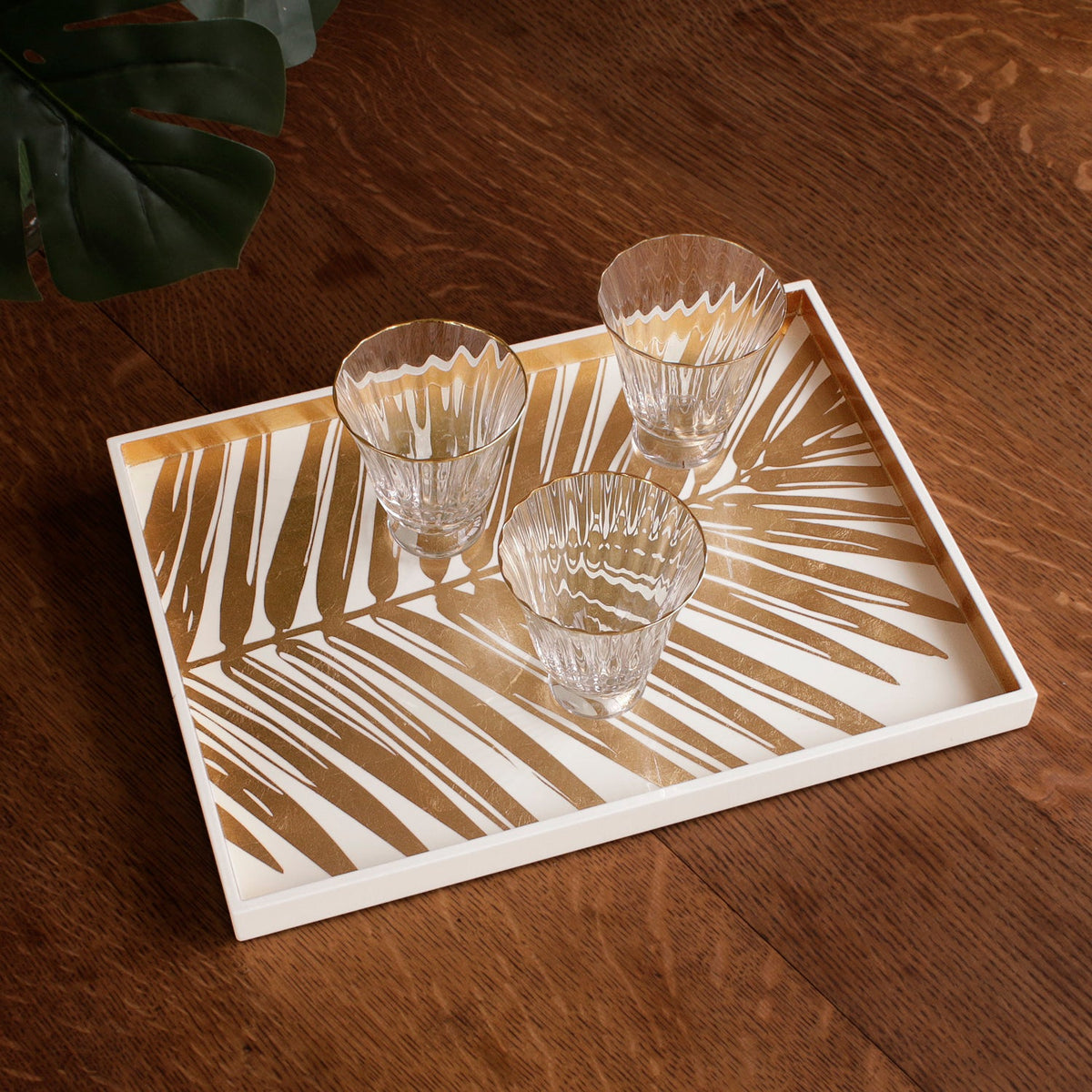 NDOCHINE Small Lacquered Palm Tray White and Gold