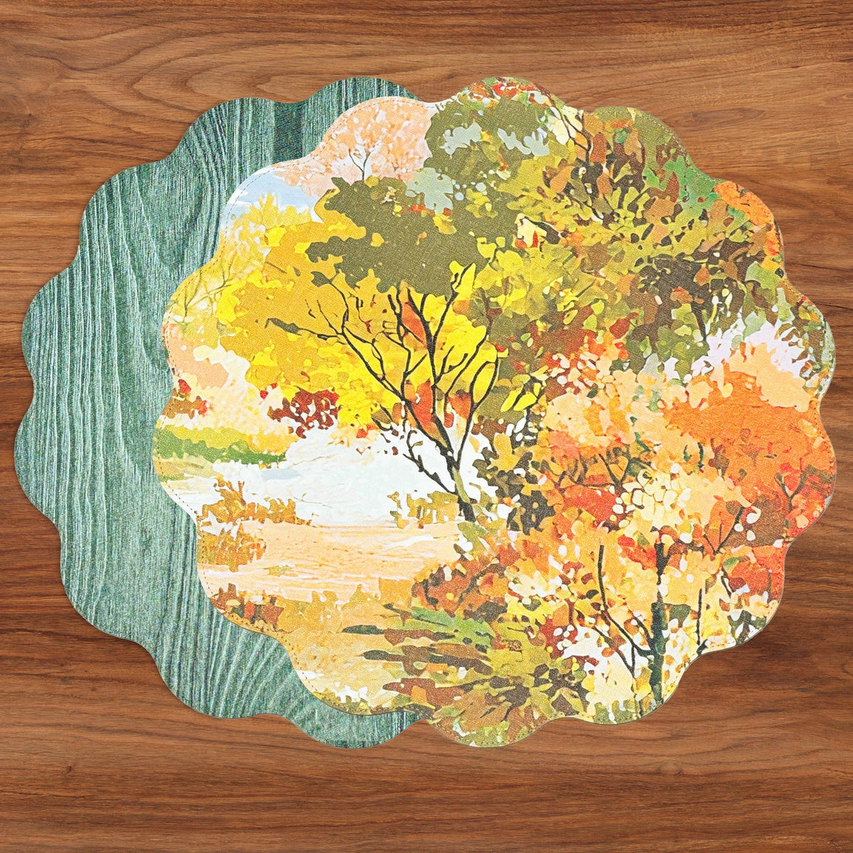 VIDA Fall Trees and Wood Grain Reversible Round Placemats Set of 4 Orange & Green