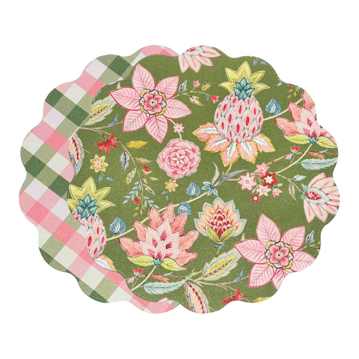 VIDA Tropical Floral and Preppy Plaid Reversible Round Placemats Set of 4 Pink & Green