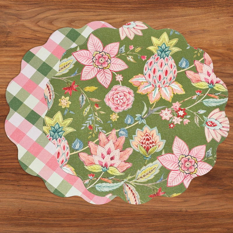 VIDA Tropical Floral and Preppy Plaid Reversible Round Placemats Set of 4 Pink & Green