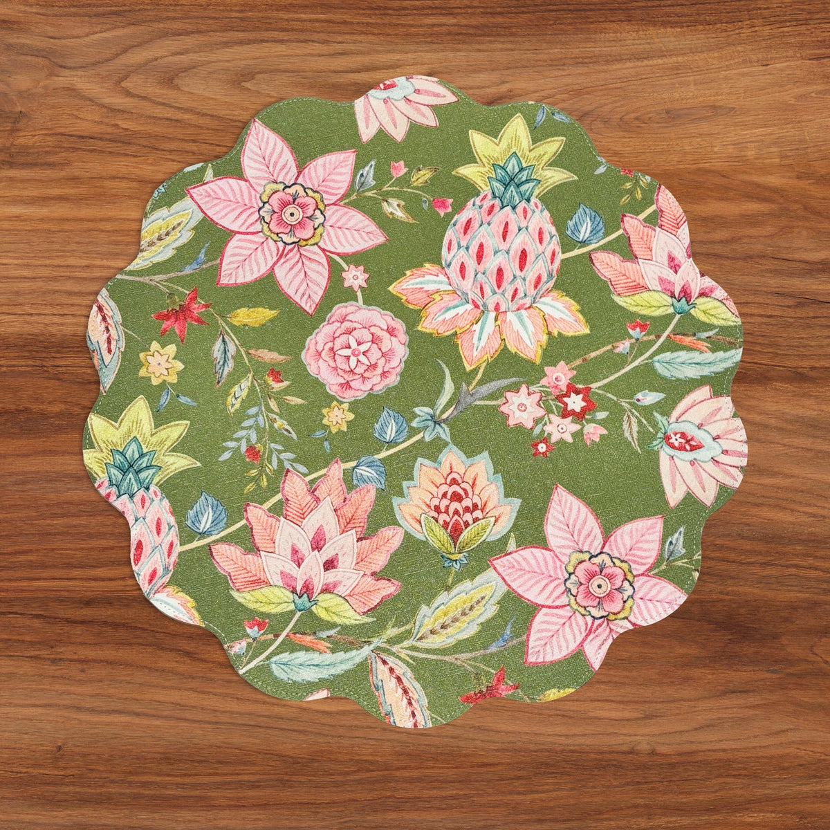 VIDA Tropical Floral and Preppy Plaid Reversible Round Placemats Set of 4 Pink & Green