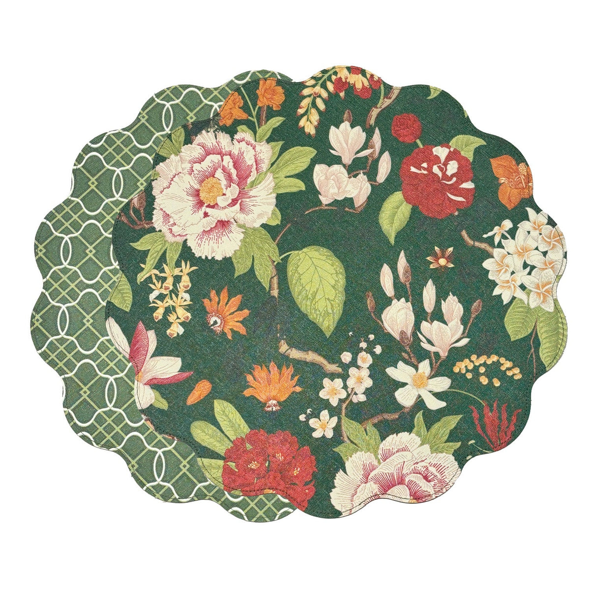 VIDA Cabbage Roses and Trellis Reversible Round Placemats Set of 4 Green & Red