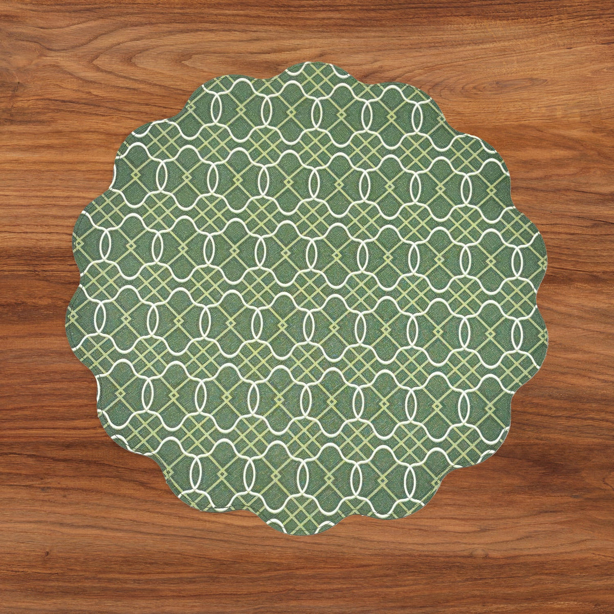 VIDA Cabbage Roses and Trellis Reversible Round Placemats Set of 4 Green & Red