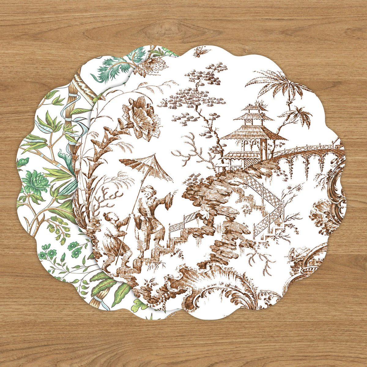 VIDA Chinoiserie and Tropical Reversible Placemats Set of 4 (Brown and Floral)