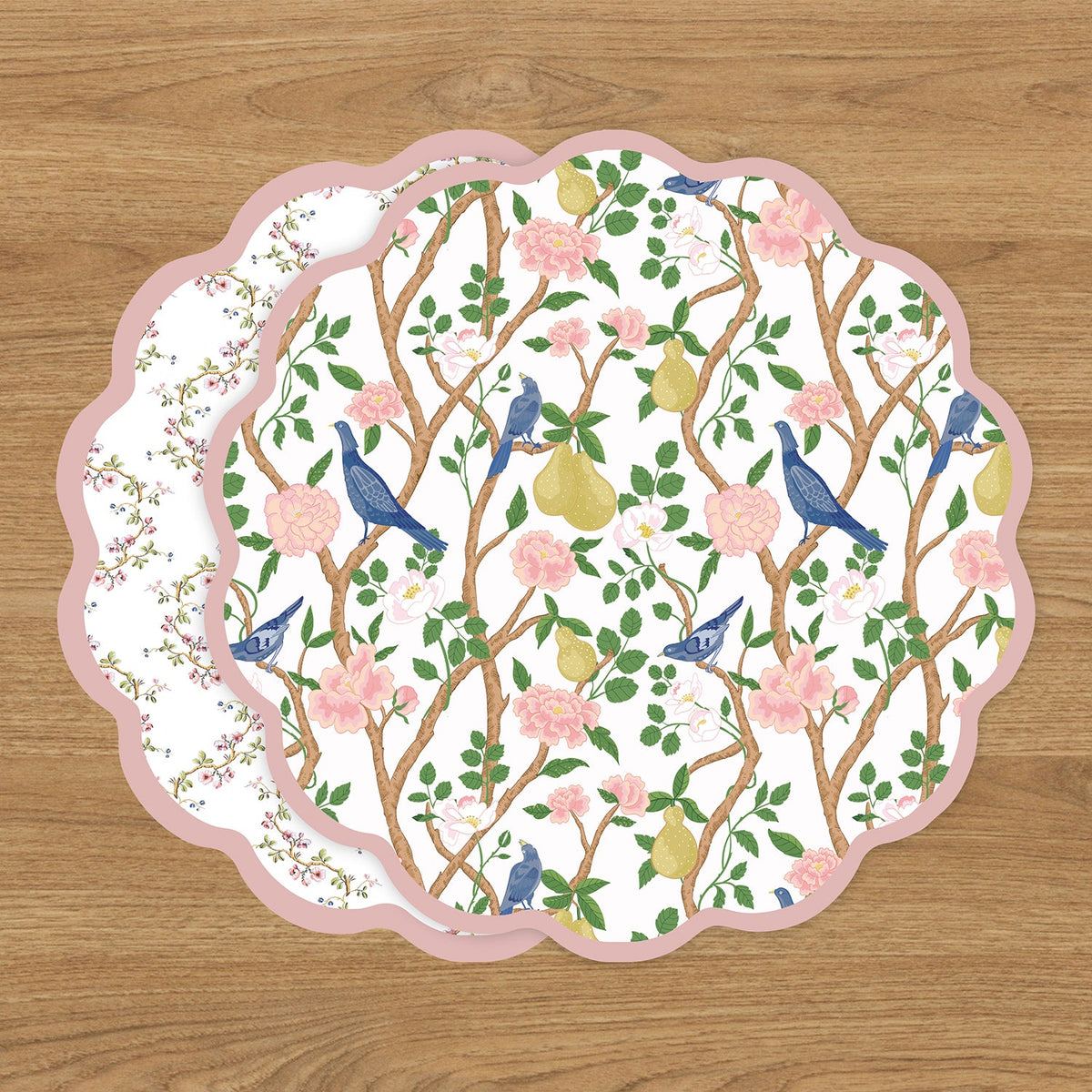 VIDA Birds, Pears and Vines Reversible Placemats Set of 4 (Pink & Green)