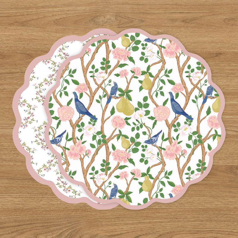 VIDA Birds, Pears and Vines Reversible Placemats Set of 4 (Pink & Green)